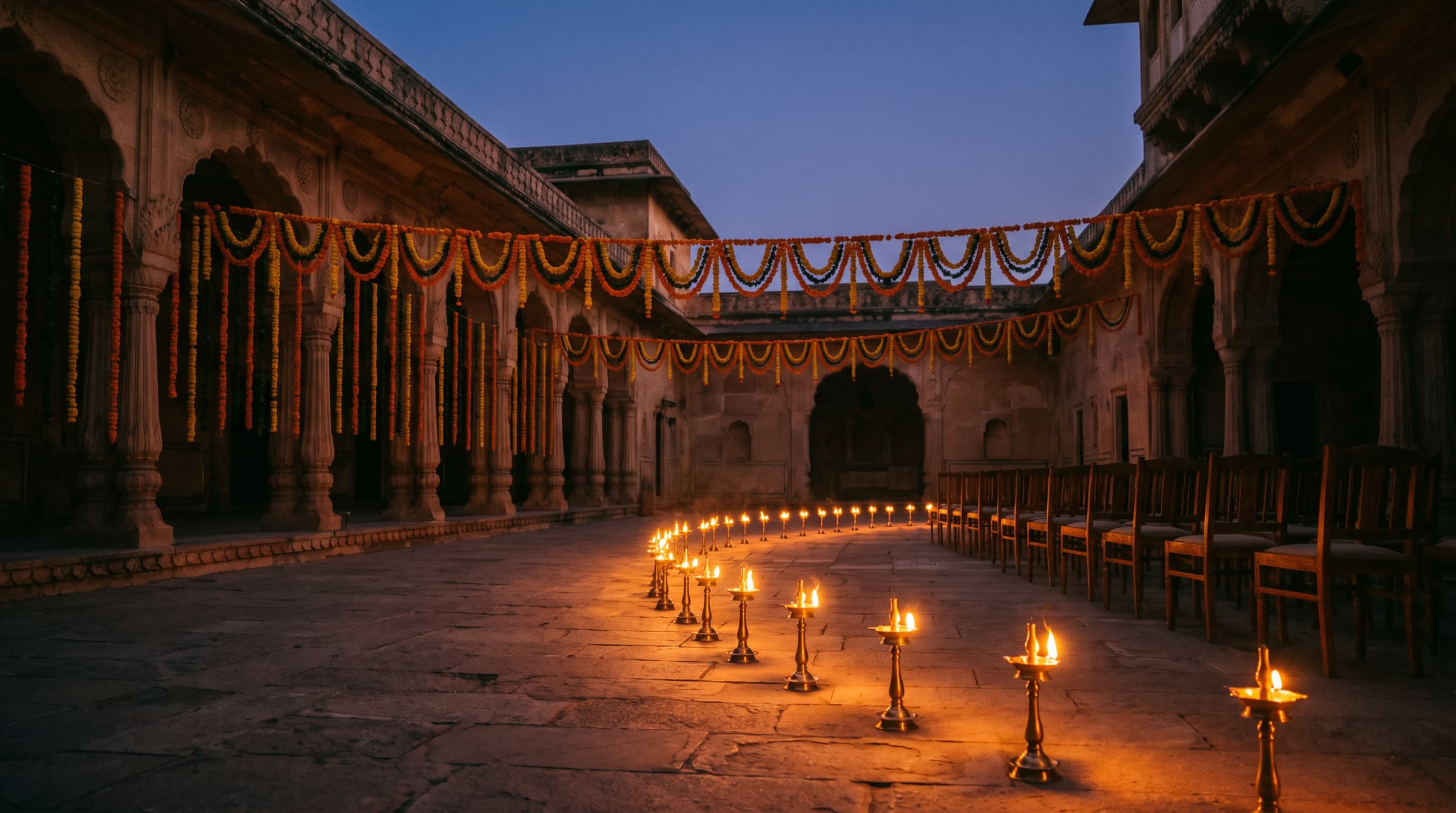 A palace courtyard lit with diyas at dusk