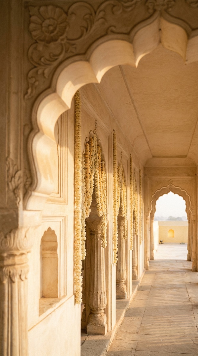 A carved marble corridor inside a Udaipur palace, strung with marigold garlands in the late-afternoon light